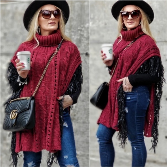 LENORA Sweater Poncho with Fringe -burgundy - Picture 2 of 4